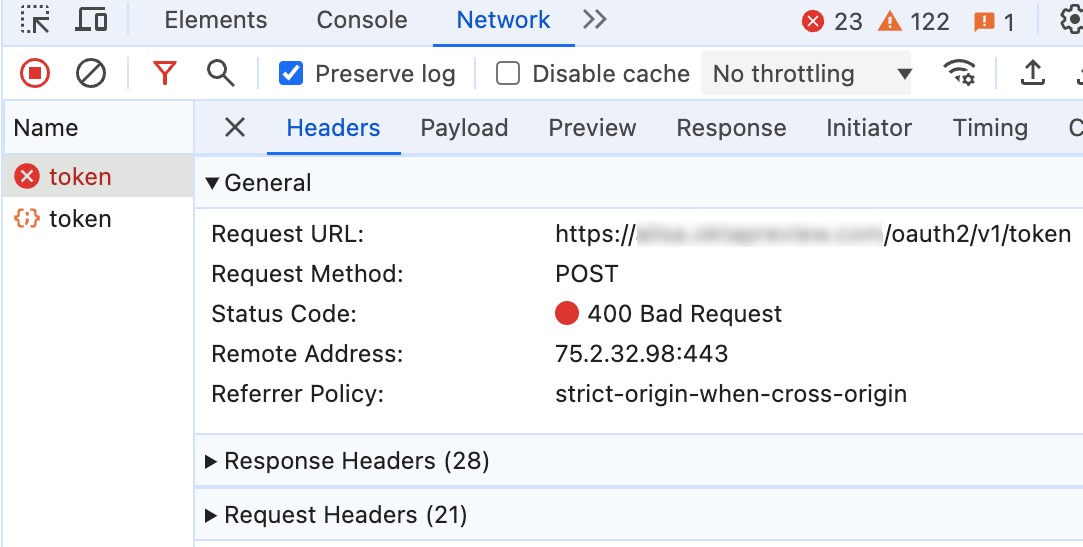 Network requests showing the first call fails with HTTP status 400 and the second call succeeds.