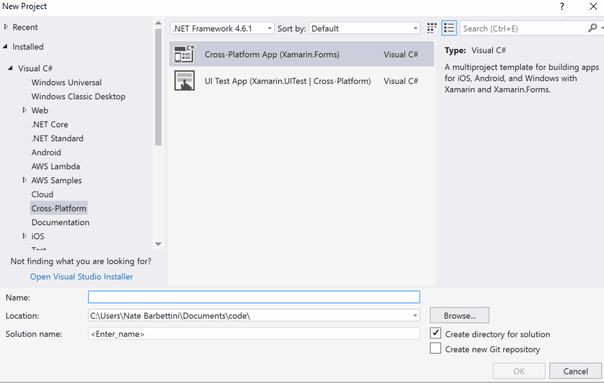 Create new Cross-Platform App (Xamarin.Forms) project