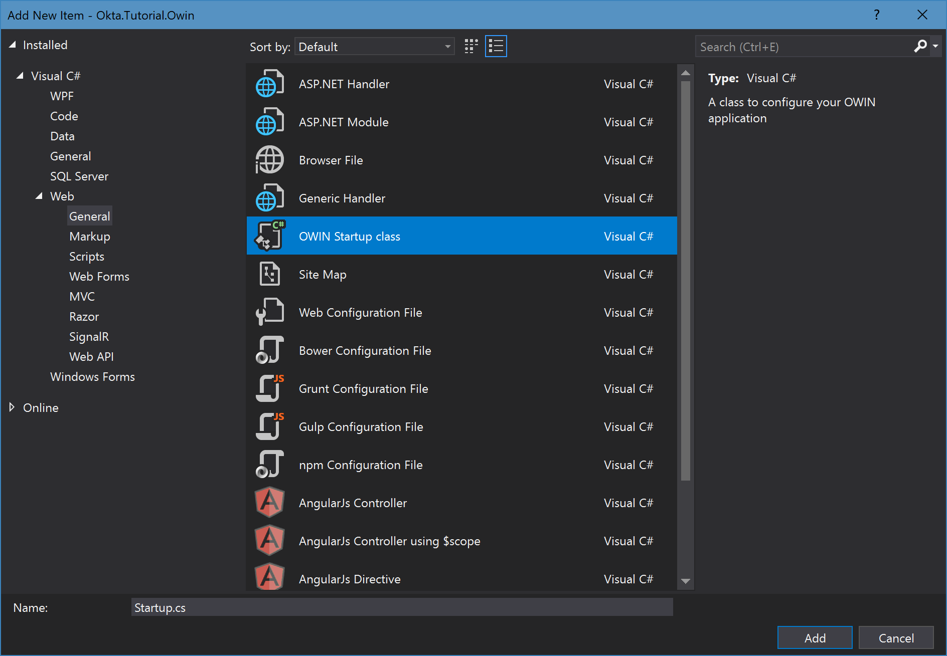 Add OWIN Startup Class file