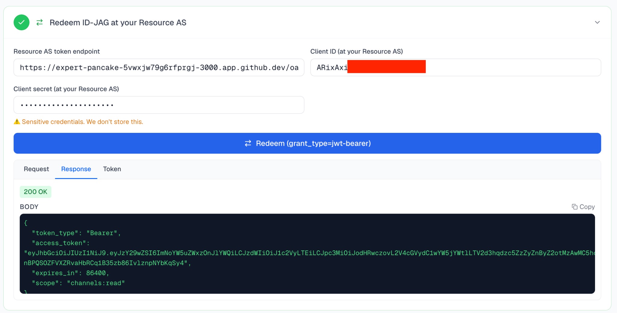Redeem-ID-JAG at your Resource Authorization Server screen, showing a successful execution with a 200 OK code.