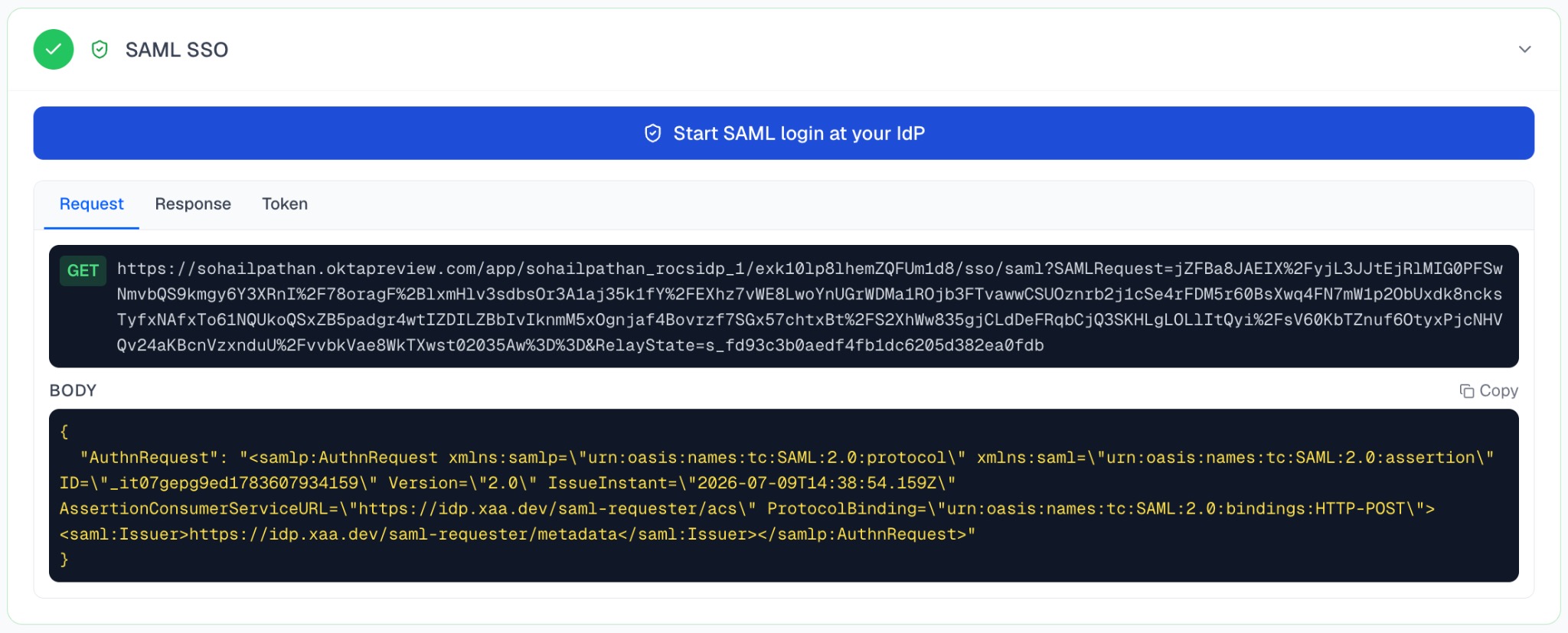 SAML SSO code request to initiate login through your IdP.