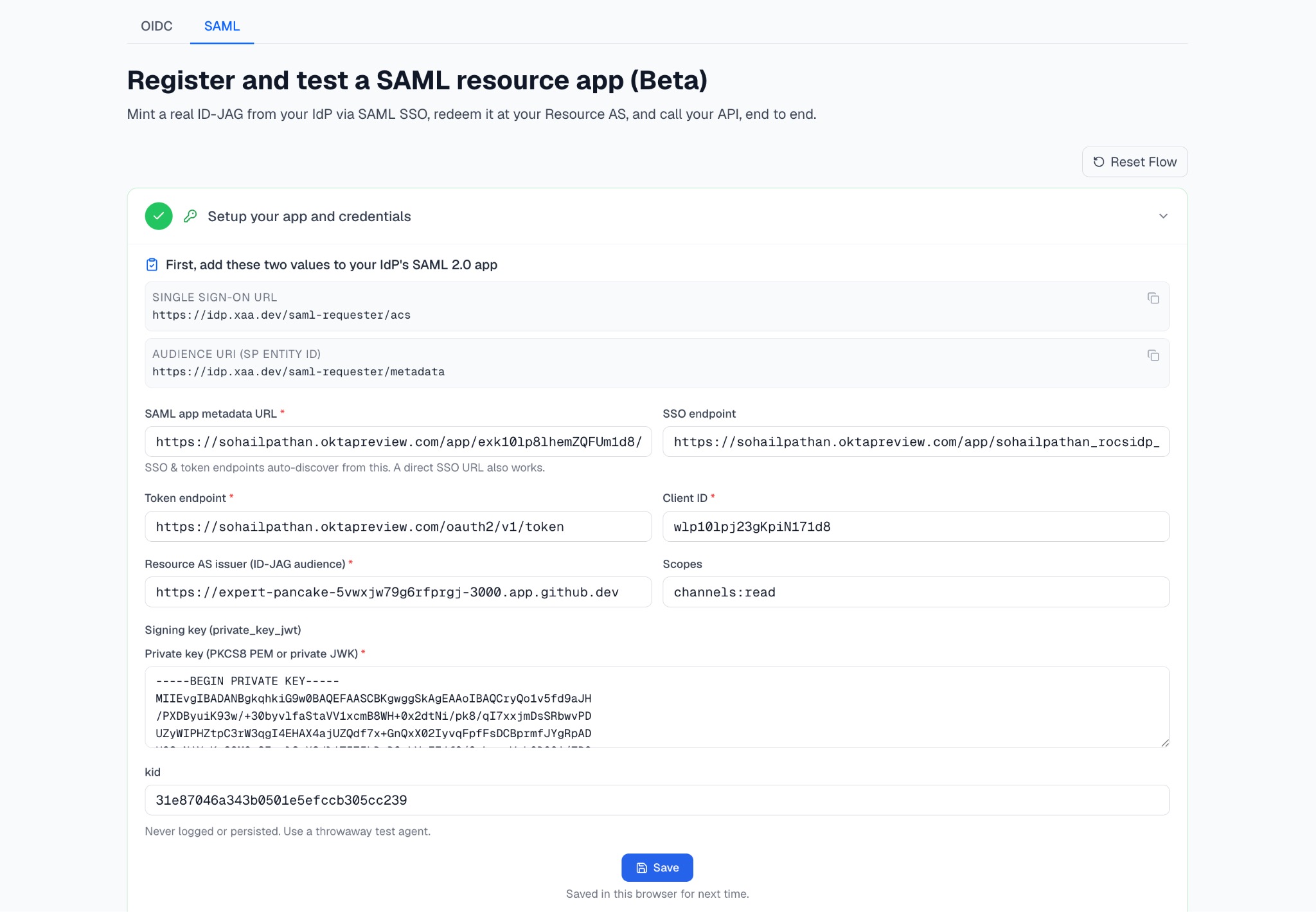 Register and test a SAML resource app form values to establish a SAML client.