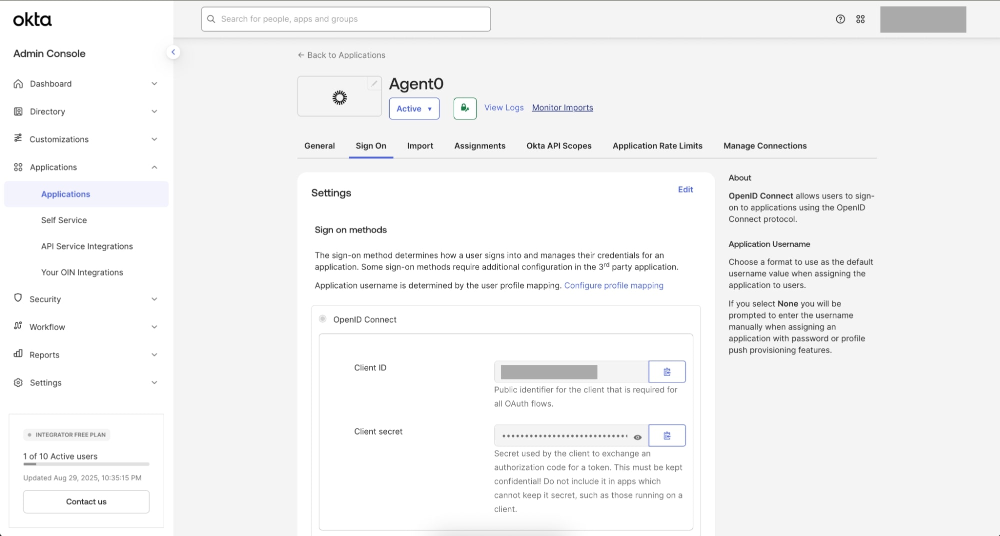 View Client ID and Client Secret for XAA Requesting App in Okta Admin Console