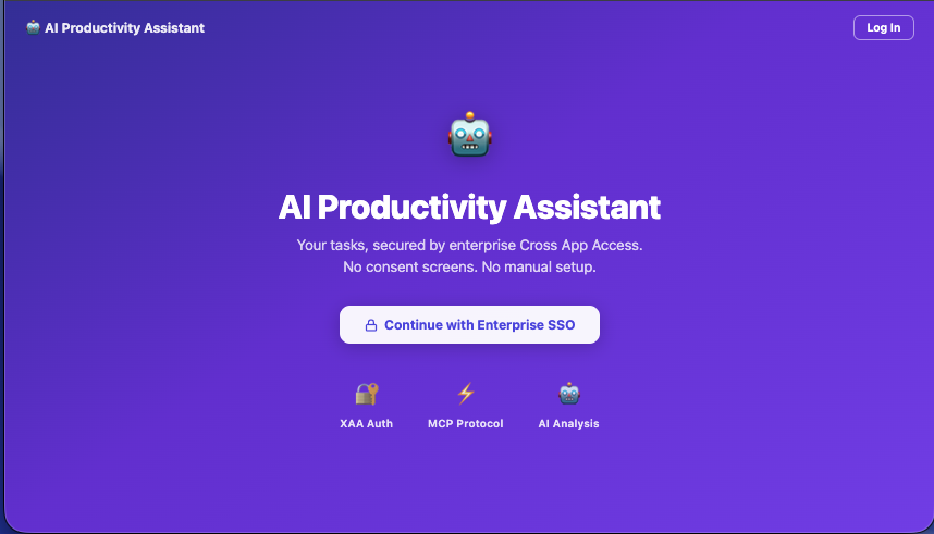 AI Productivity Assistant app home screen with a Continue with Enterprise SSO button