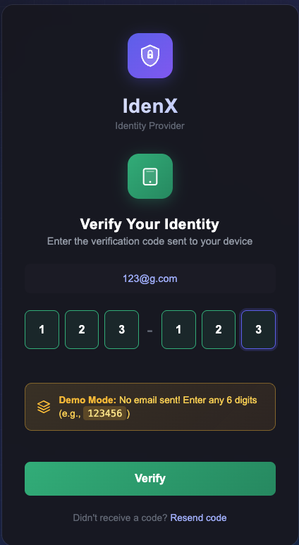 Verify Your Identity screen showing a 6-digit code entry field with a demo mode notice to enter any 6 digits