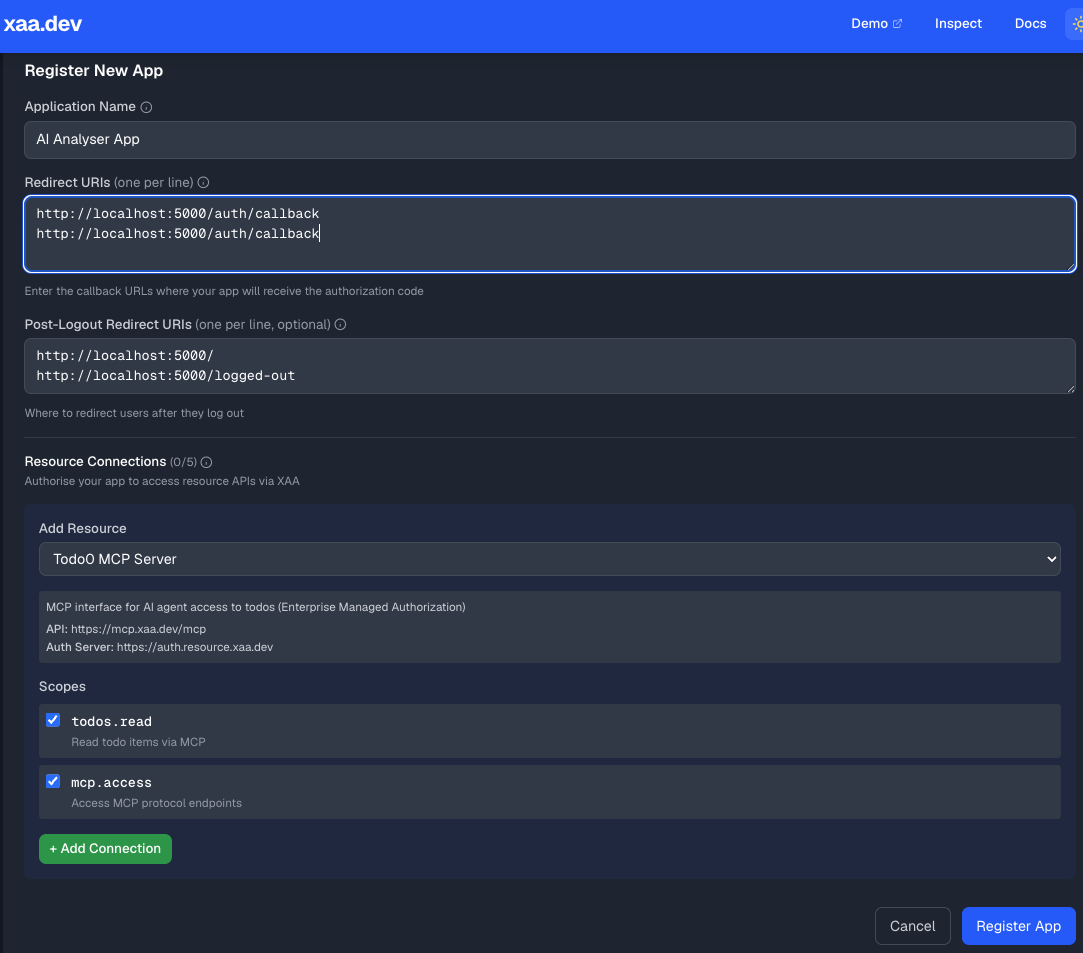 xaa.dev Register New App screen showing redirect URIs, resource connections, and todos.read and mcp.access scopes