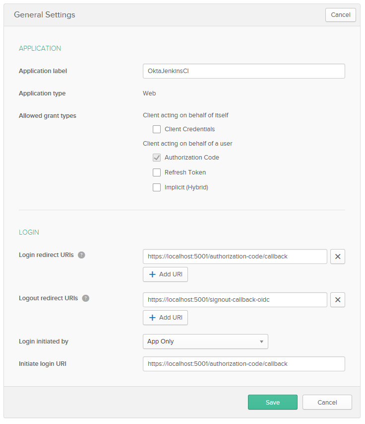 Okta application settings