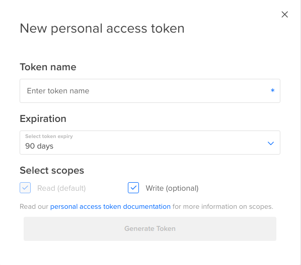 DigitalOcean Control Panel for Token Create