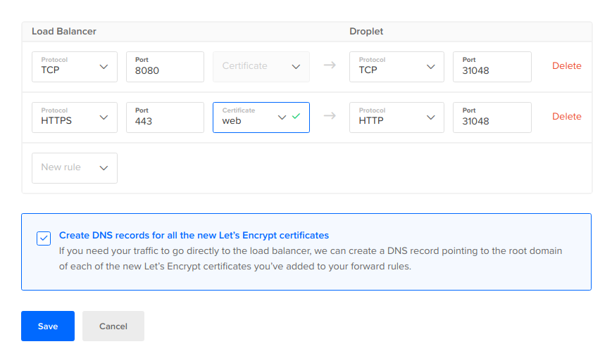 DigitalOcean load balancer forwarding settings