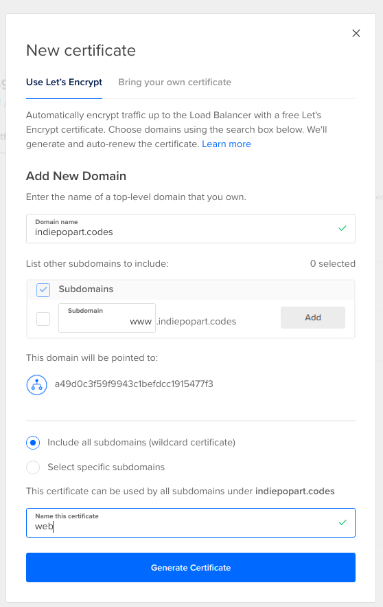 DigitalOcean new domain form