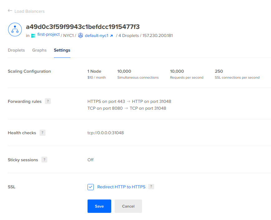 DigitalOcean load balancer ssl redirect settings