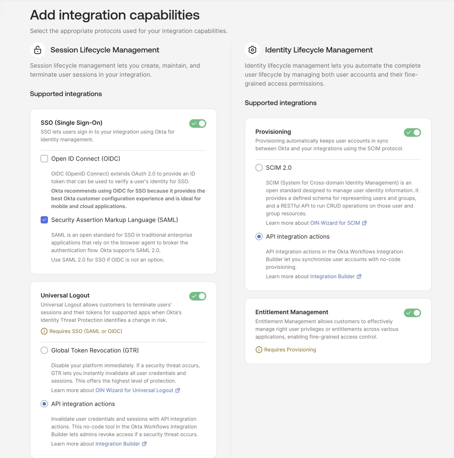 Add integration capabilities screen showing Session Lifecycle Management and Identity Lifecycle Management options