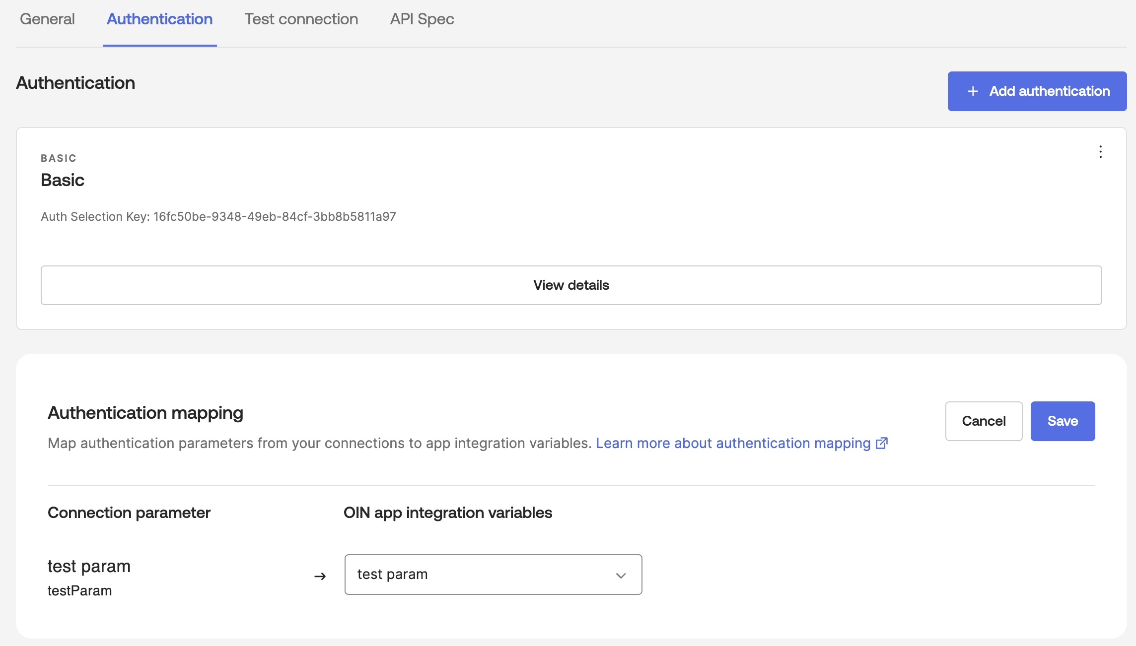 Authentication mapping screen showing connection parameters mapped to OIN app integration variables