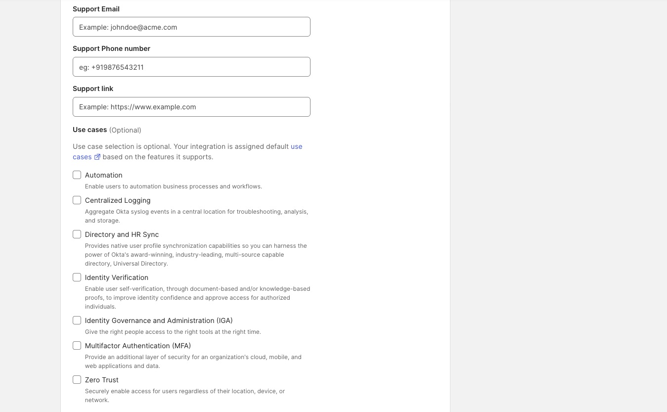 OIN catalog properties form continued showing support contact information and use case options