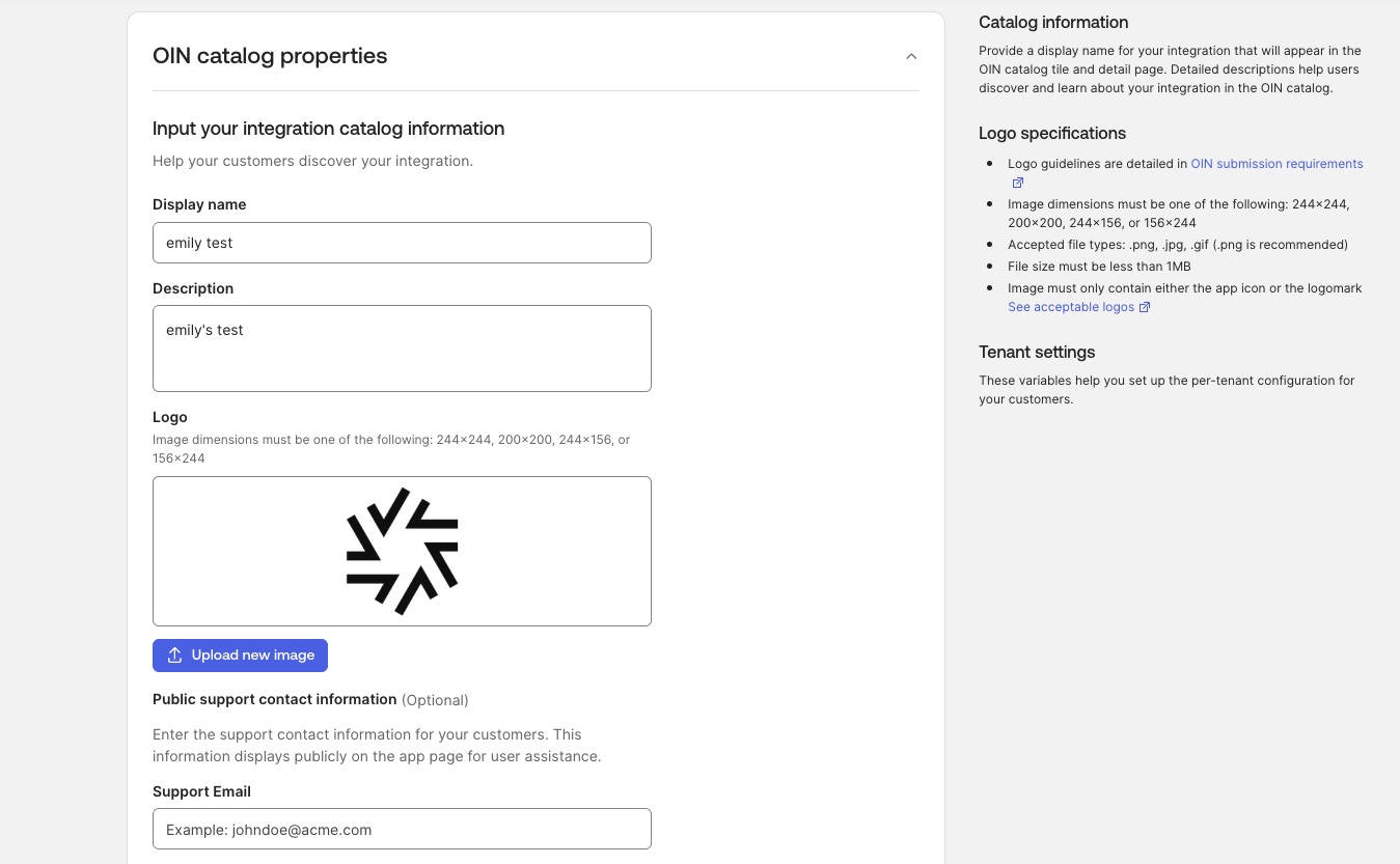 OIN catalog properties form showing display name, description, and logo upload fields