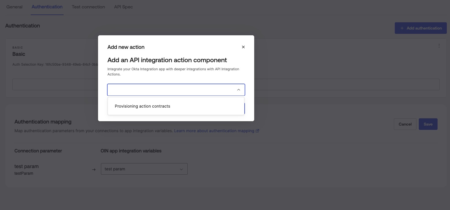 Add new action dialog showing API integration action component options, including Provisioning action contracts