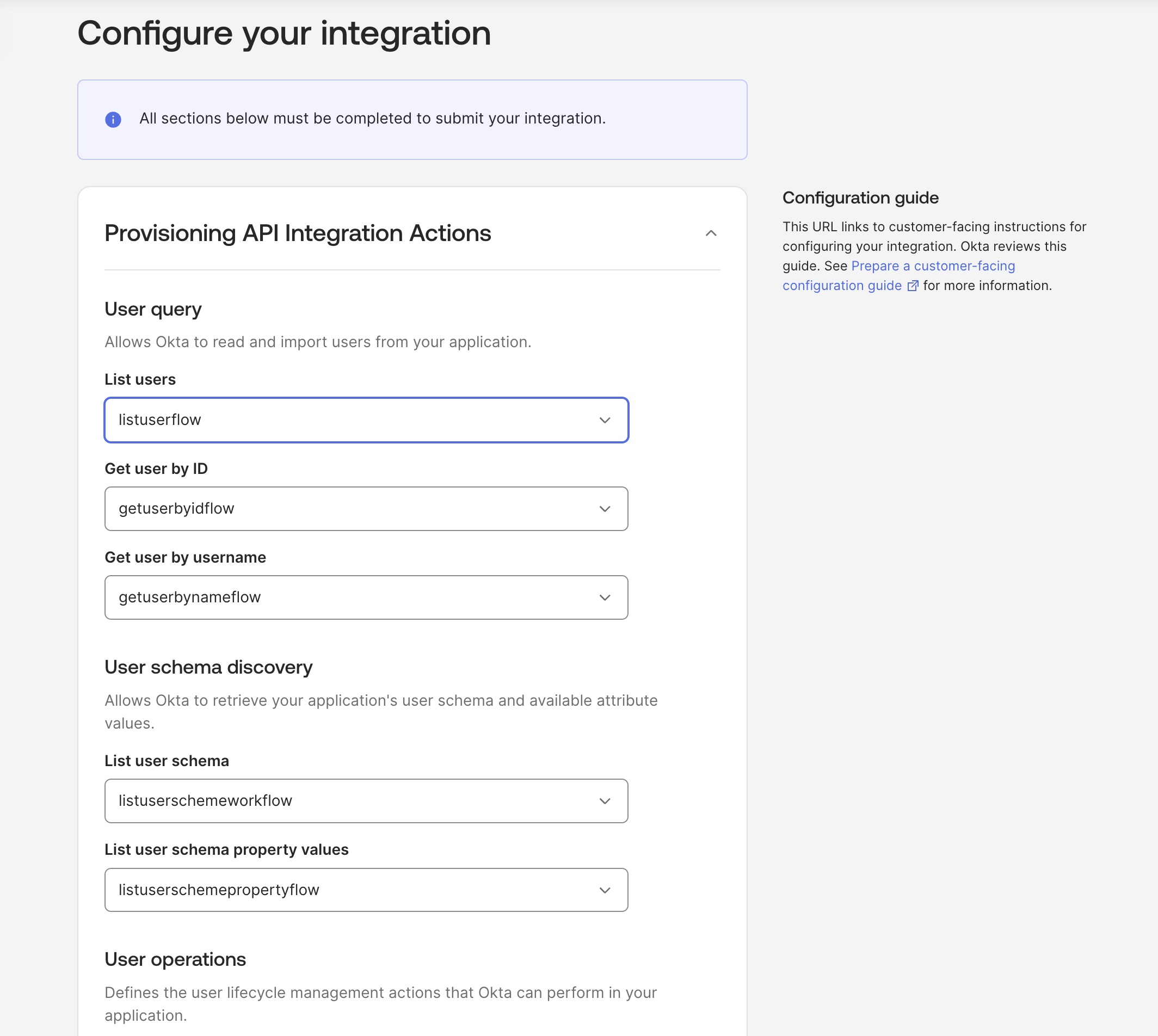 Provisioning API Integration Actions screen showing User query, User Schema Discovery, and User Operations flow mapping