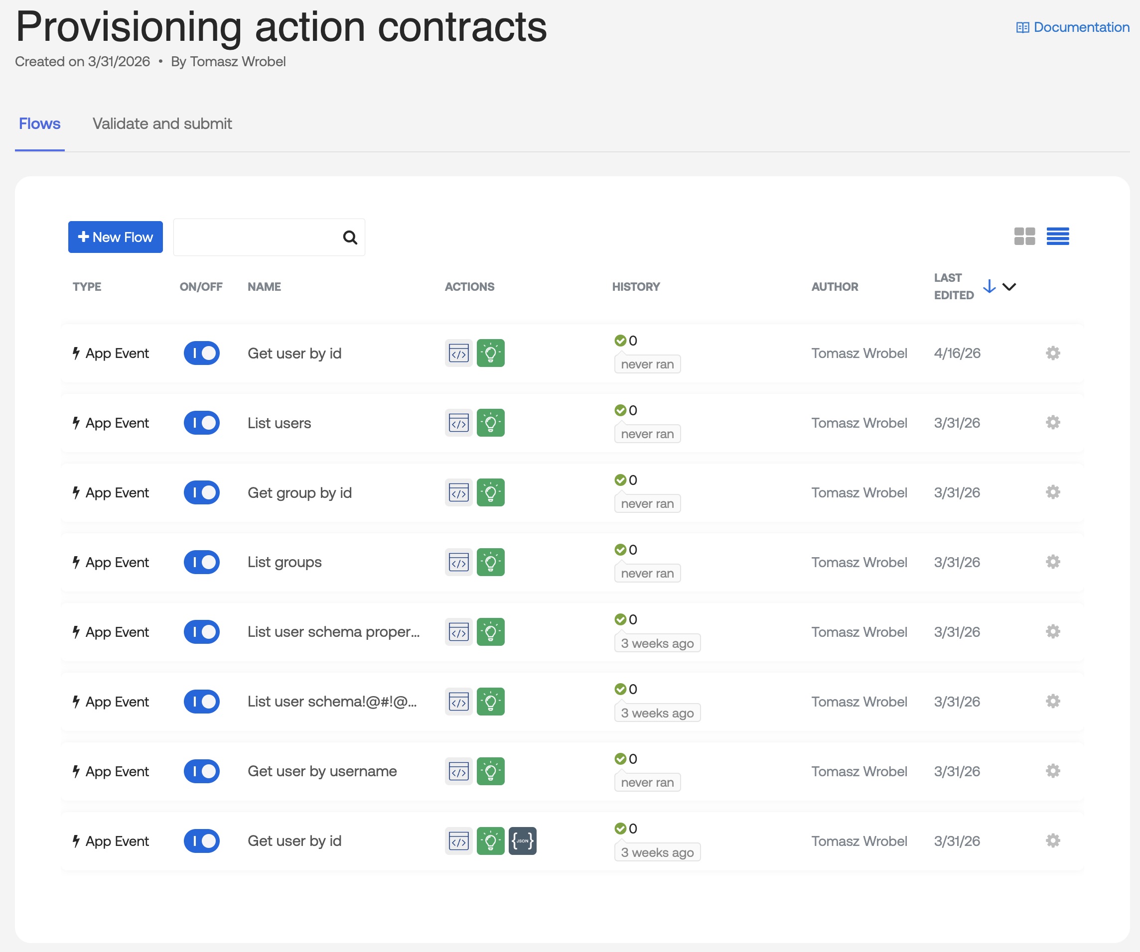 Provisioning action contracts screen showing App Event flows for List users, Get group by id, List groups, and more