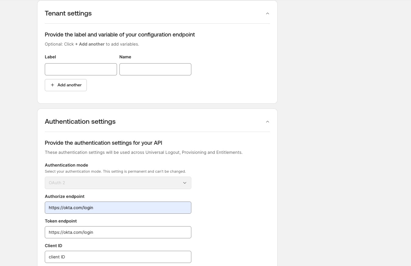 Tenant settings and authentication settings screens showing label, name fields, and OAuth 2 configuration with authorize and token endpoints