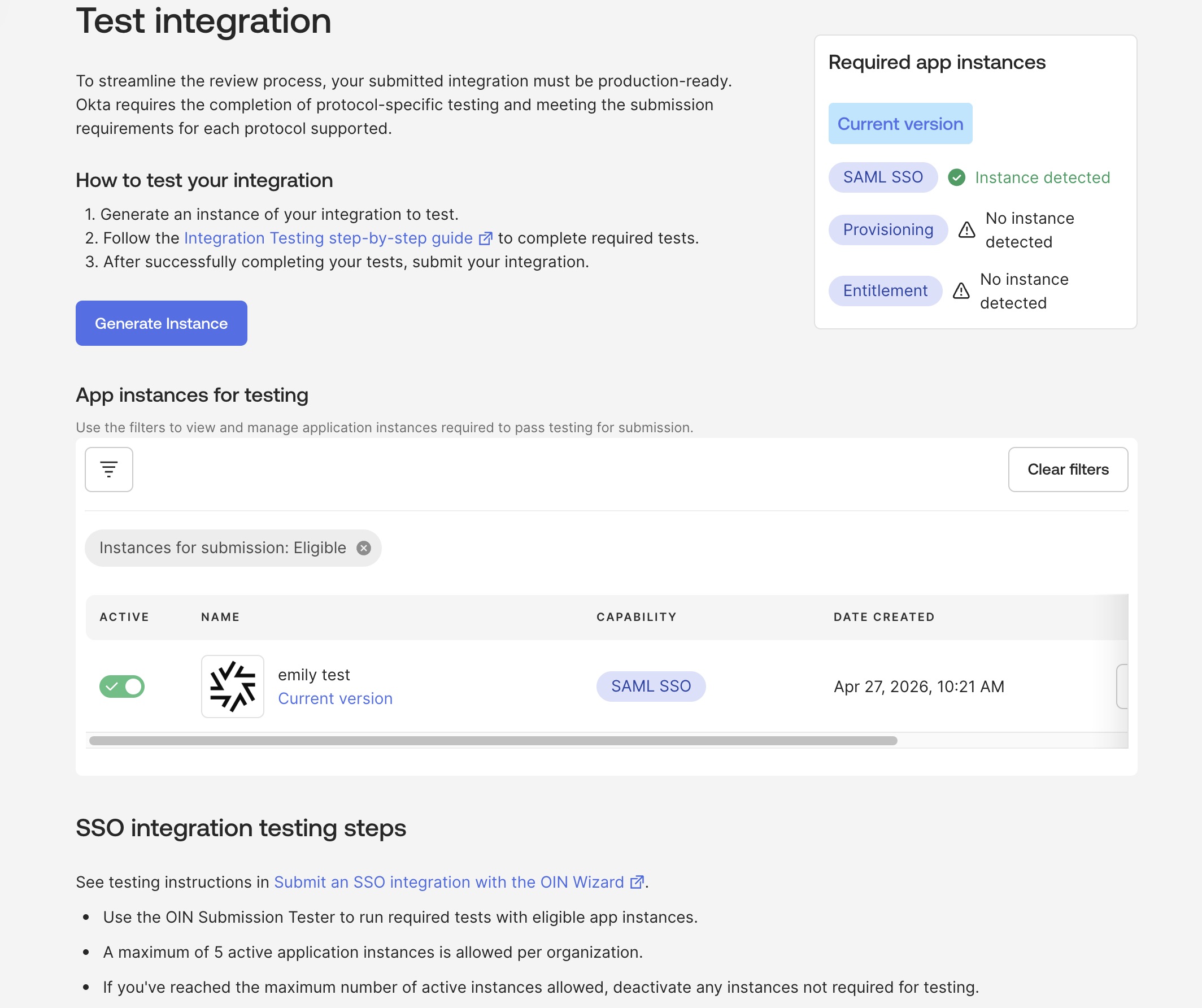 Test your integration screen showing test account fields, account URL, username, password, and testing instructions