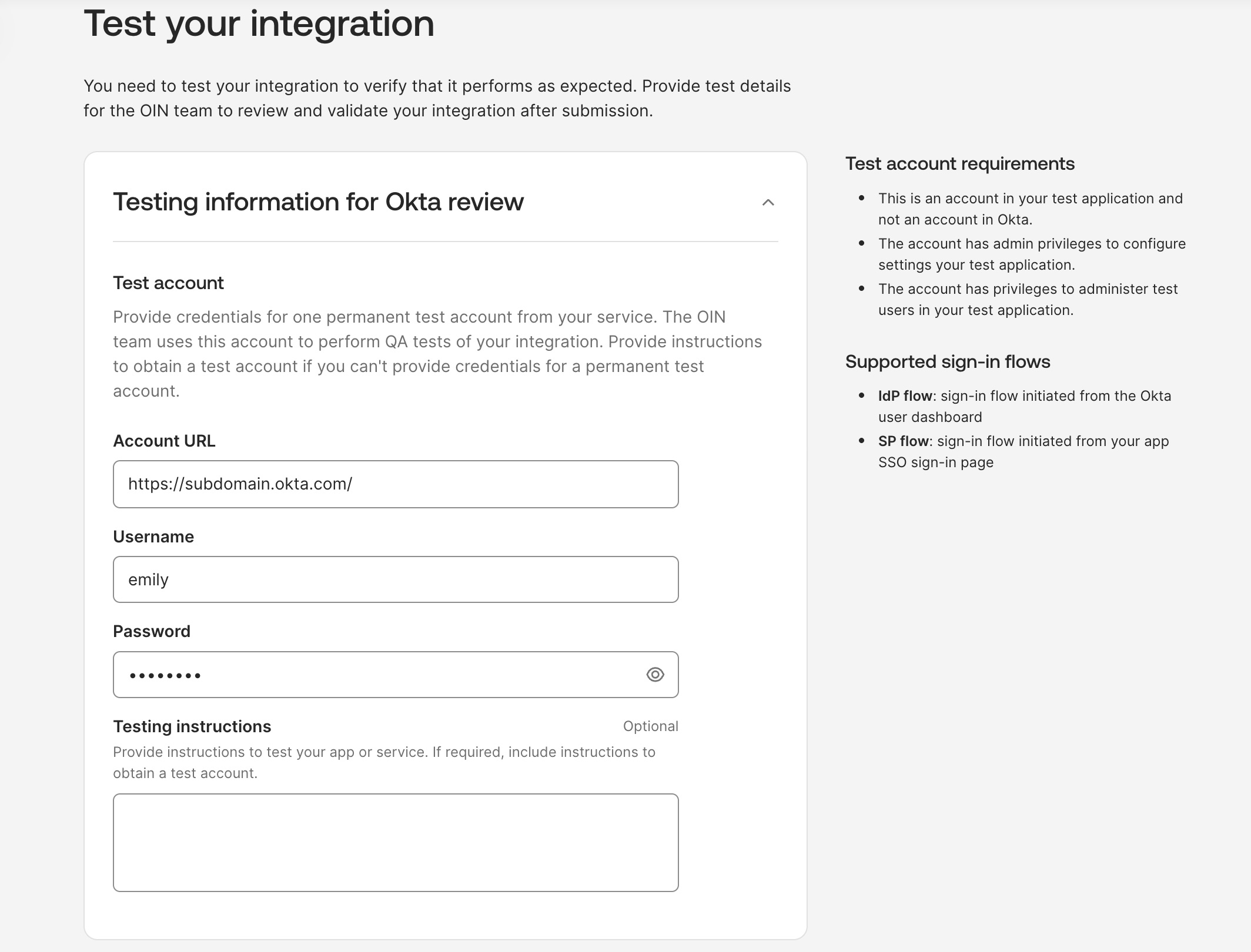 Test integration screen showing app instances for testing with SAML SSO instance detected and Provisioning and Entitlement instances pending