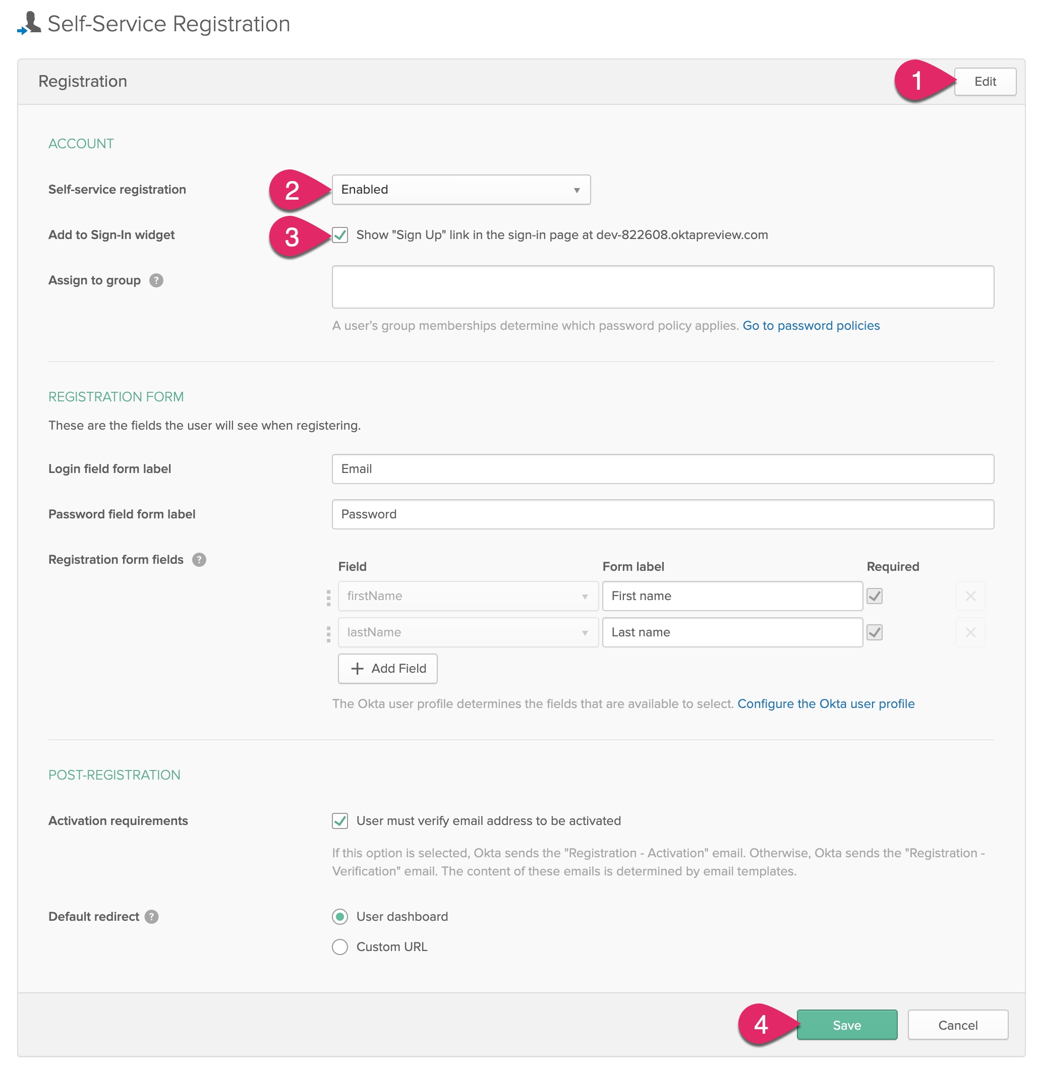 User registration settings