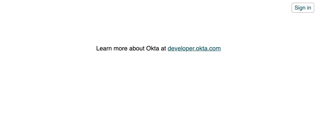 Screenshot of application start showing a sign in button and a link to the Okta Developer site