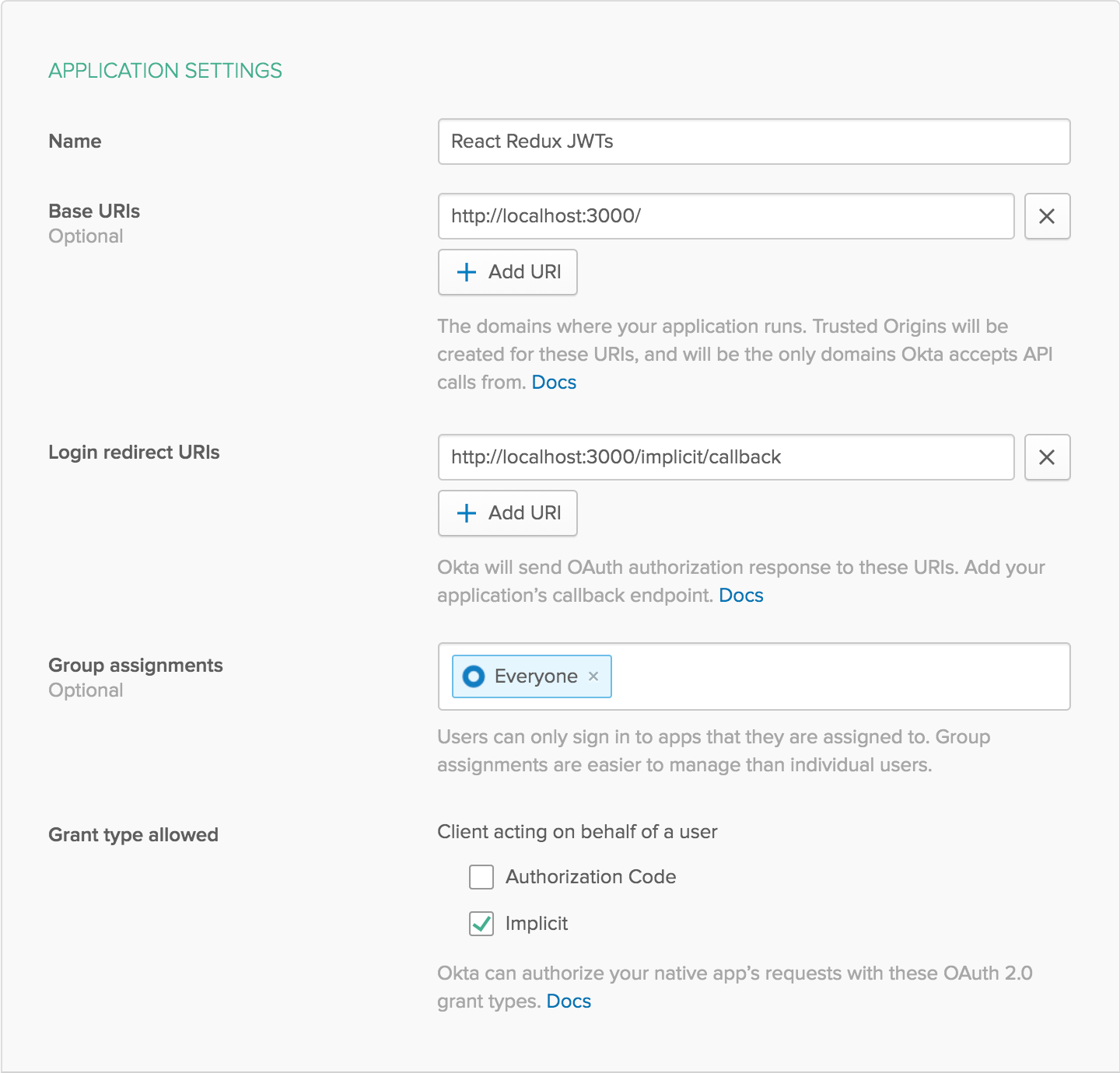 Create New Application Settings