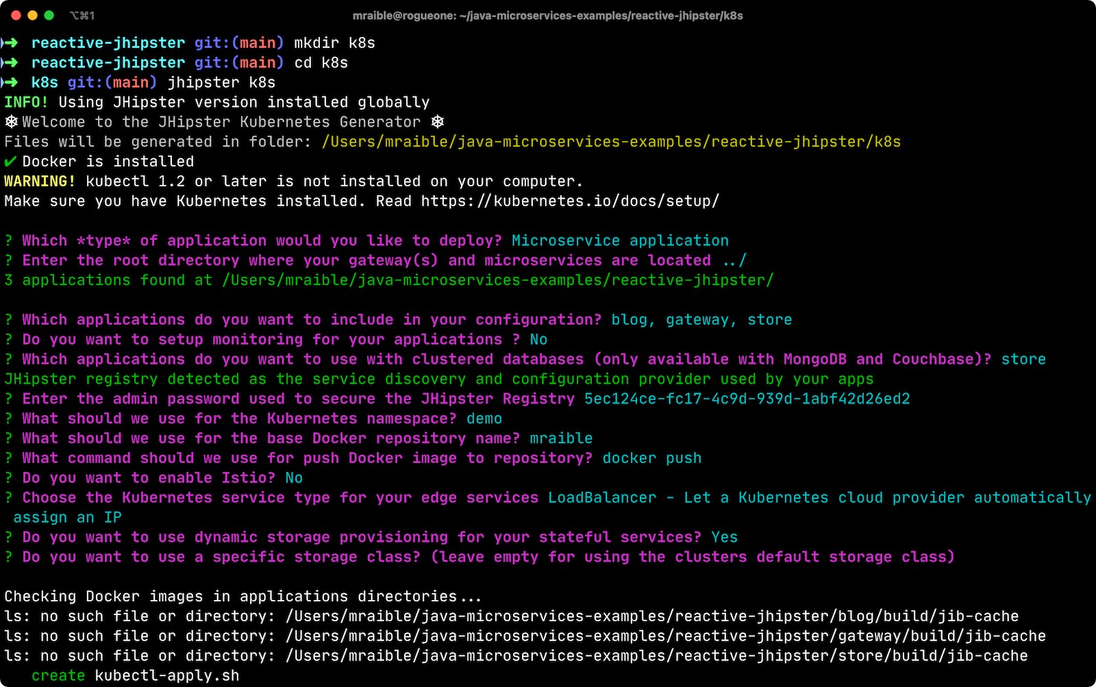 JHipster K8s command with answers
