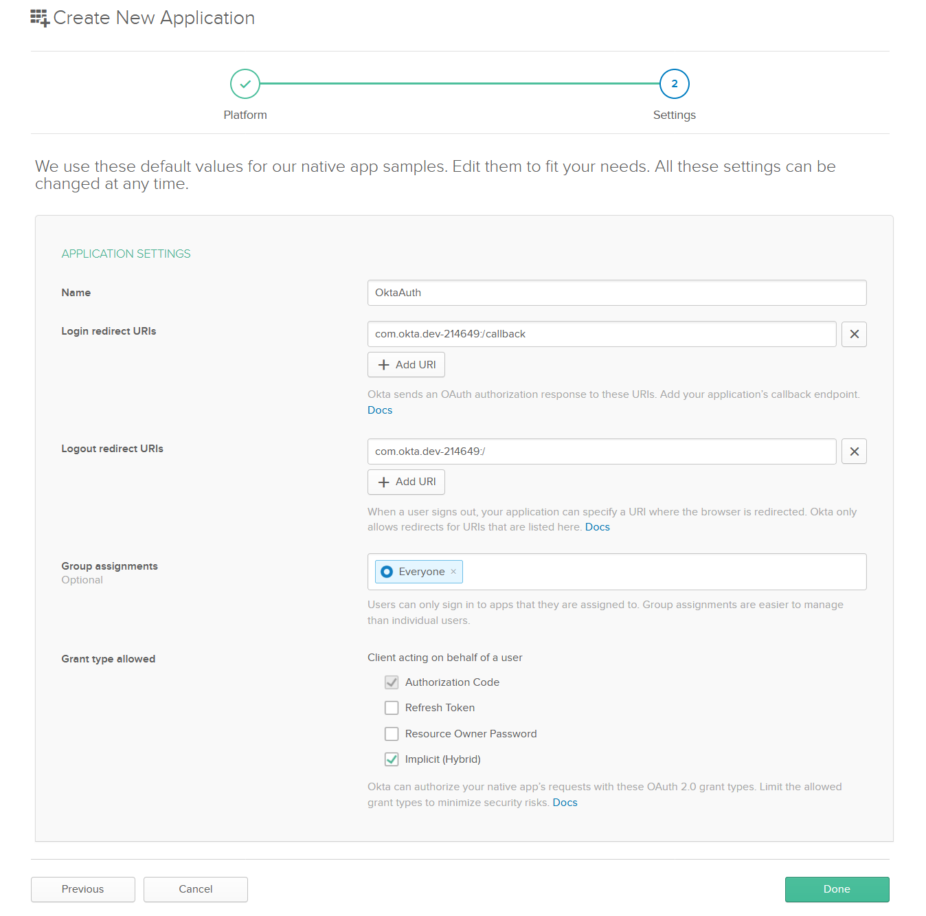 Okta create app details
