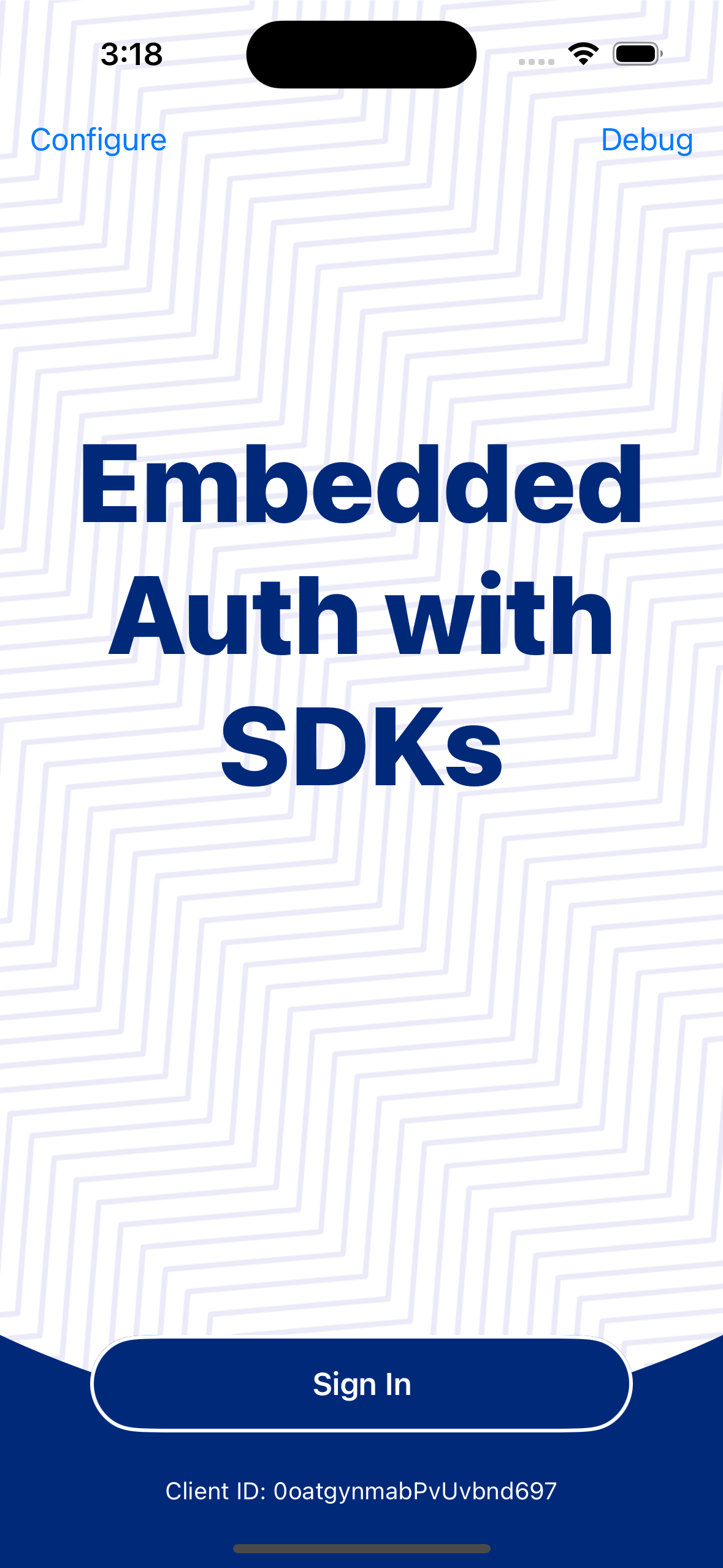 "An image that shows the iOS simulator with the start page of the IdxAuthSignIn app. The title "Embedded Auth with SDKs" and a sign-in button appears."