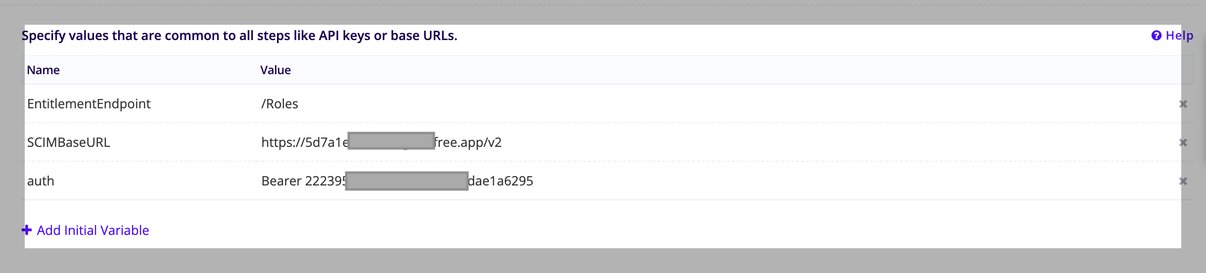 Sample values for entitlement test variables. Runscope initial variables