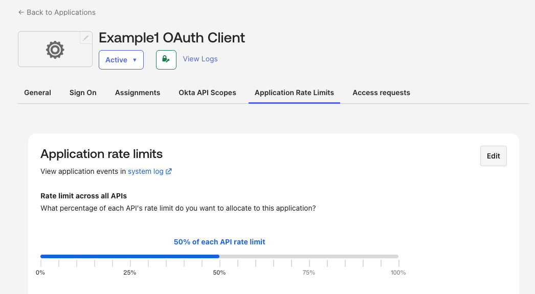 This image displays the location in the Admin Console that configures rate limits by the OAuth 2.0 app using a slide-bar percentage.