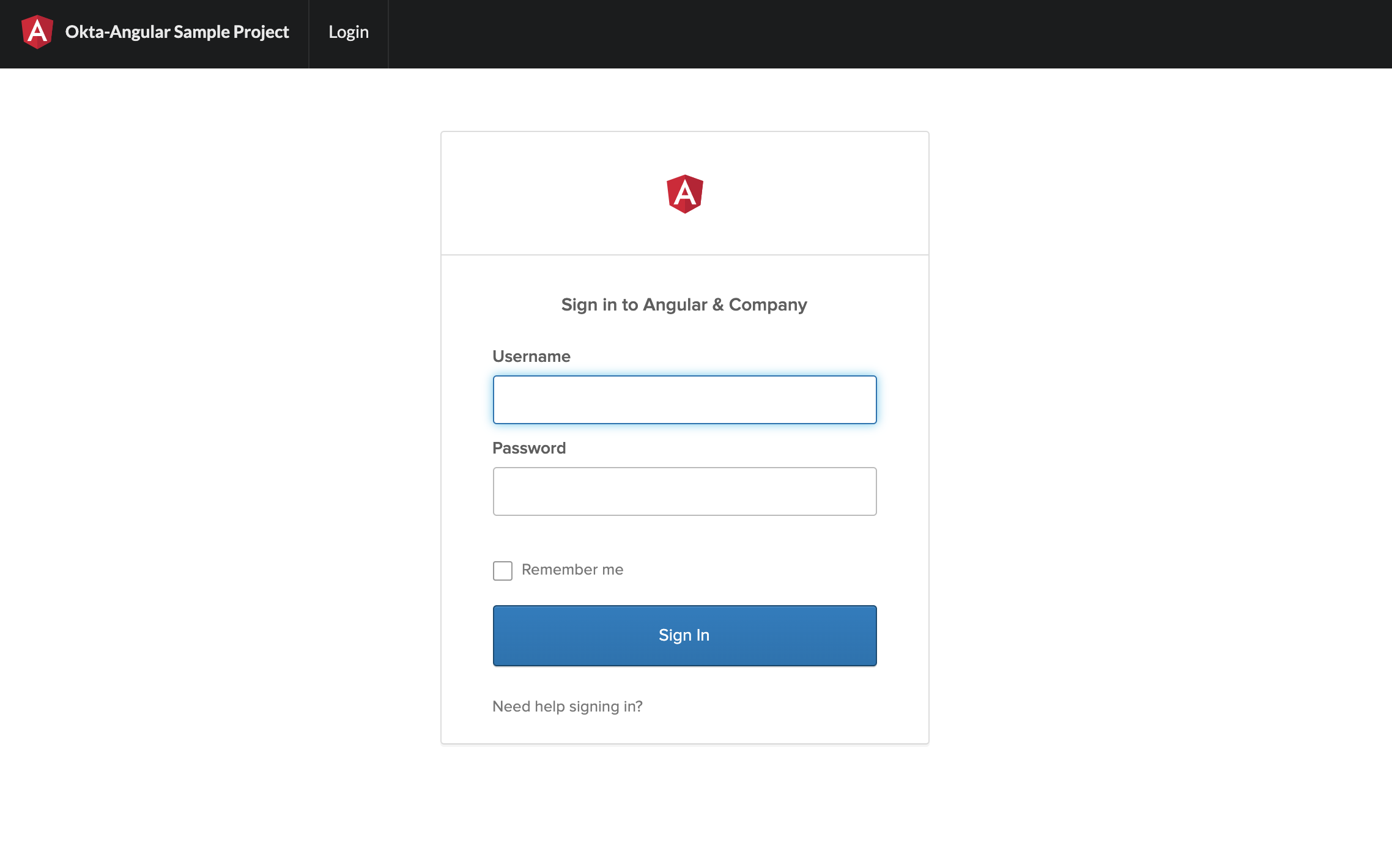 Image of basic Okta Sign-In Widget using Angular